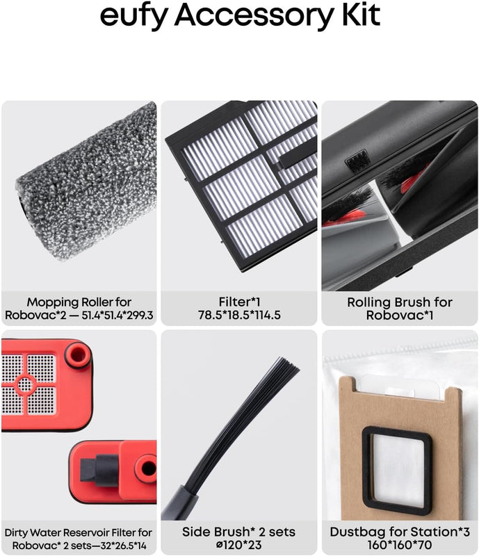 Pacchetto accessori eufy, Spazzola Laterale, Filtro, Spazzola Rotante per Robovac, Sacchetto della Polvere, Panno a Rullo, Filtro del Serbatoio dell'Acqua Sporca